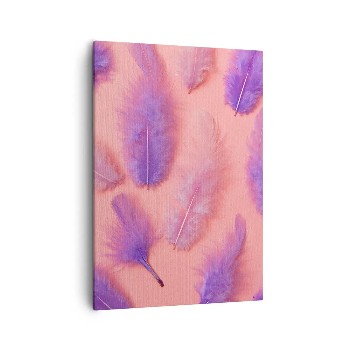 Bild auf Leinwand - Leinwandbild - Lila und rosa Federn auf pastellfarbenem Hintergrund - 50x70cm - Lila Vogel der Begierde - Moderne Wanddekoration für Wohnzimmer und Schlafzimmer ARTTOR