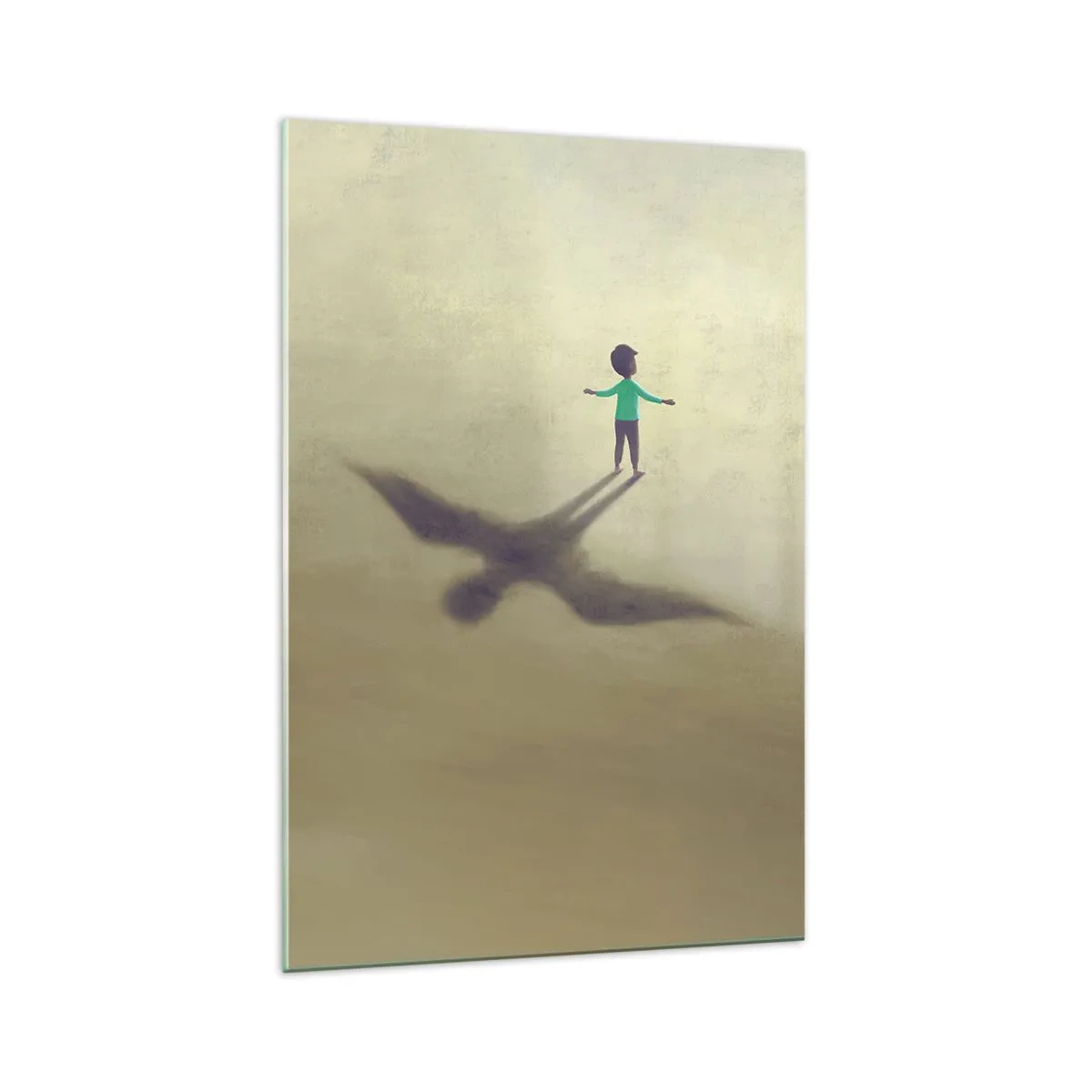 Glasbild - Bild auf glas - Eine symbolische Figur eines Kindes mit dem Schatten eines Vogels vor einem Hintergrund in warmen Farbtönen. - 70x100cm - Der Held der Zukunft - Moderne Wanddekoration für Wohnzimmer und Schlafzimmer ARTTOR