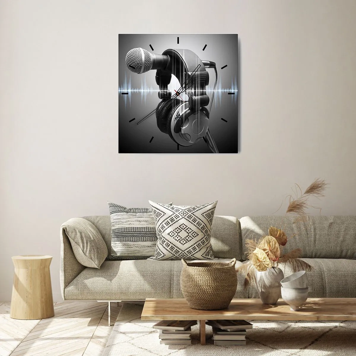 Wanduhr - Glasuhr - Mikrofon und Kopfhörer mit Schallwellenvisualisierung im Hintergrund - 30x30cm - Du kannst immer noch den Gesang hören - Moderne Wanddekoration für Wohnzimmer und Schlafzimmer ARTTOR