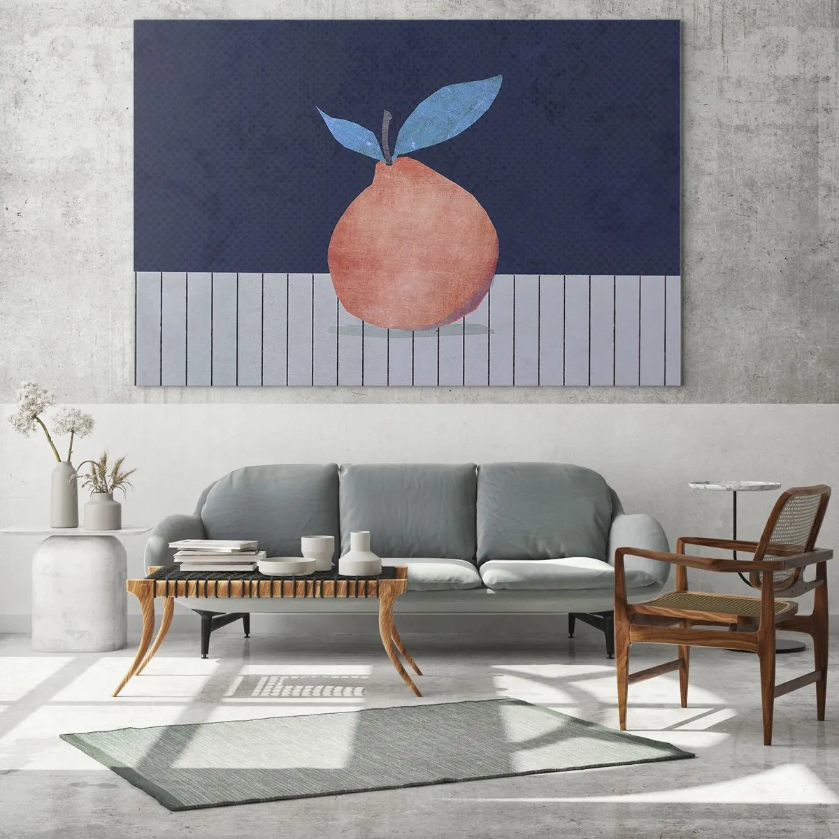 Glasbild - Bild auf glas - Eine Frucht mit abstrakter Form vor einer geometrischen Komposition - 70x50cm - Konvexität und Ebene - Moderne Wanddekoration für Wohnzimmer und Schlafzimmer ARTTOR