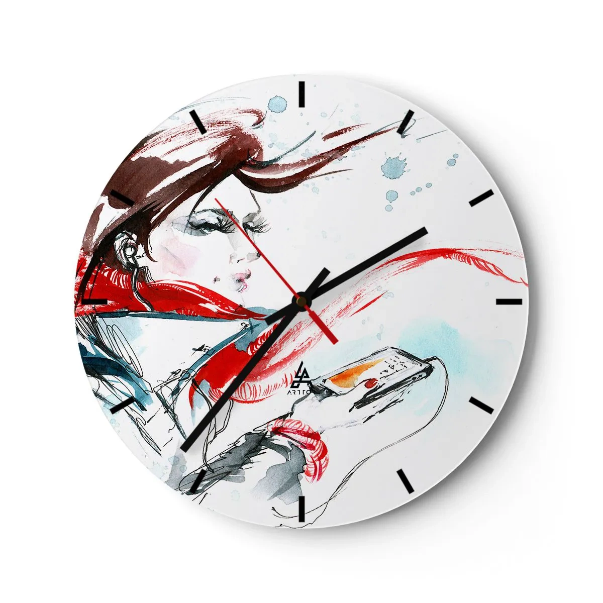 Wanduhr - Glasuhr - Porträt einer Frau mit rotem Schal und Gitarre im Aquarellstil - 30x30cm - Mit mir stimmt was nicht - Moderne Wanddekoration für Wohnzimmer, Küche und Schlafzimmer ARTTOR