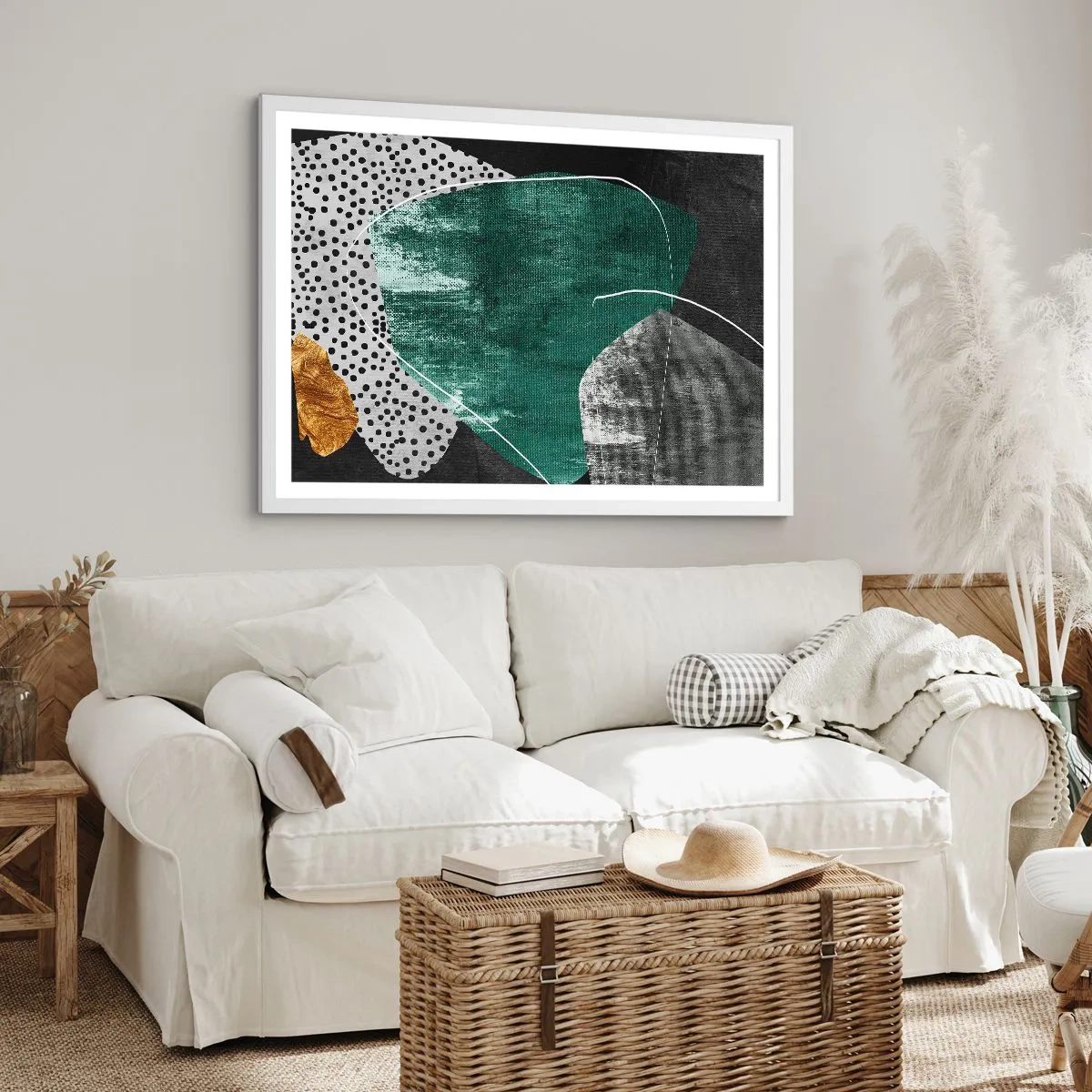 Poster in einem weißen Rahmen - Bunte Abstraktion mit Blattgold - 50x40 cm