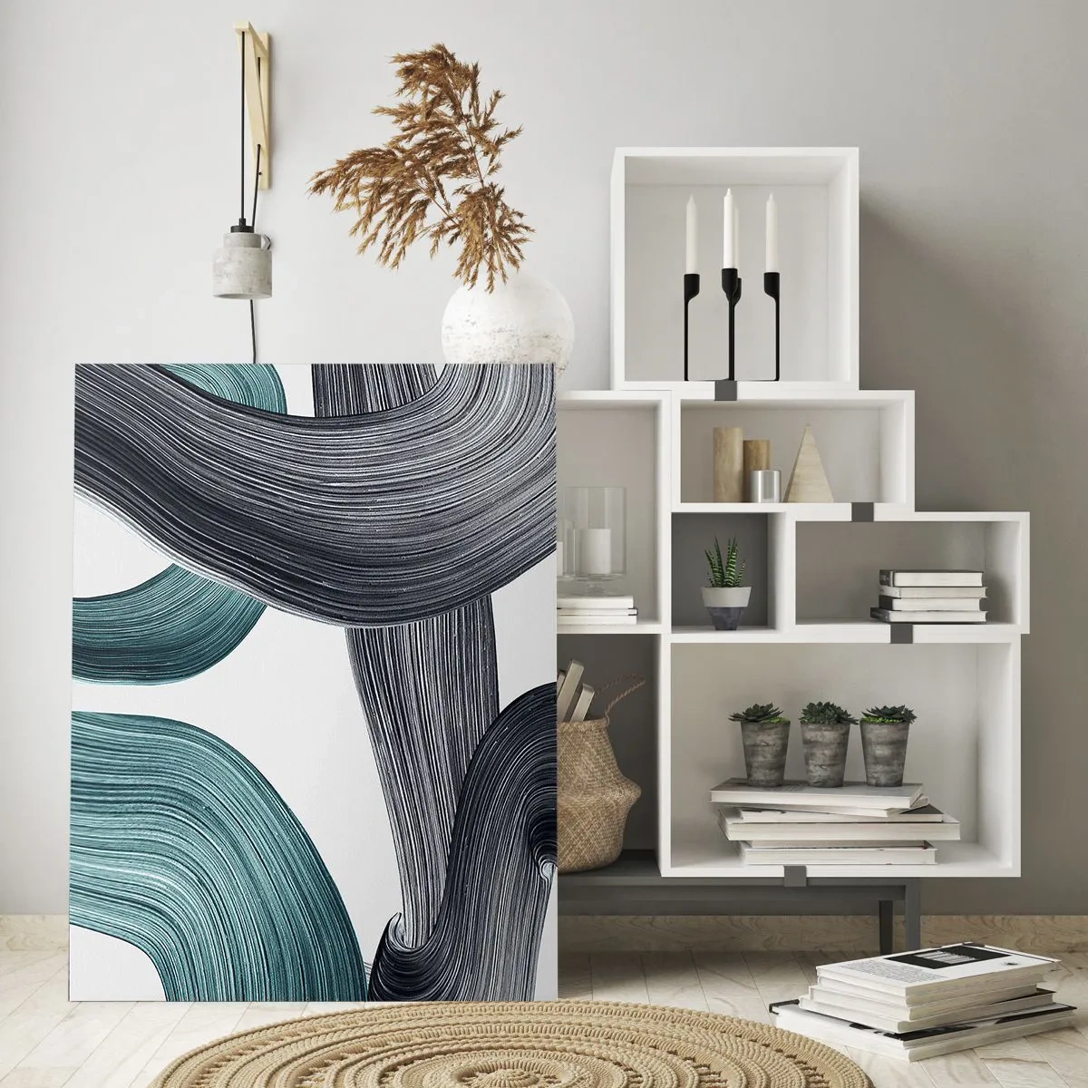 Glasbild - Bild auf glas - Fließende abstrakte Linien in Grün- und Grautönen - 70x100cm - Smaragdgrüne und schwarze Pfade - Moderne Wanddekoration für Wohnzimmer und Schlafzimmer ARTTOR