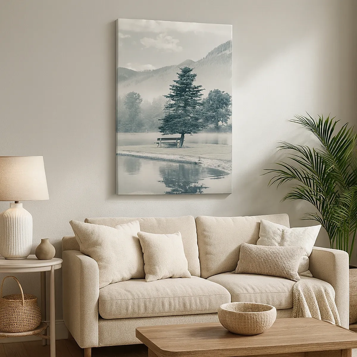 Bild auf Leinwand - Leinwandbild - Ein malerischer See mit einer Bank und Nebel im Hintergrund - 50x70cm - Der See schläft noch - Moderne Wanddekoration für Wohnzimmer und Schlafzimmer ARTTOR