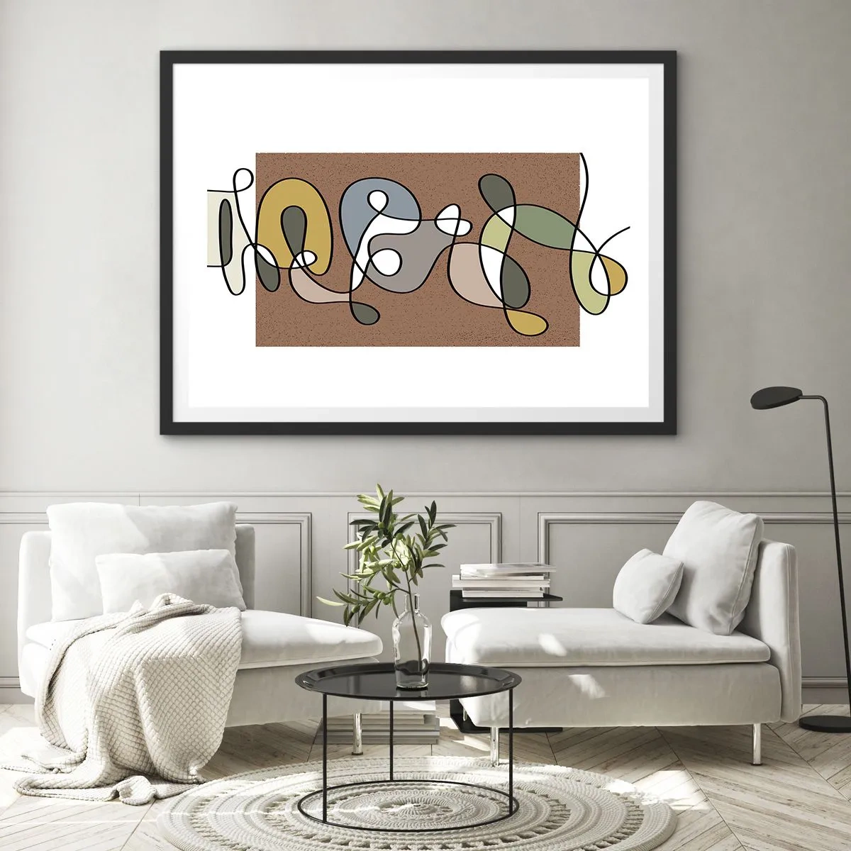 Poster in einem schwarzem Rahmen - Bunte Abstraktion mit Punkten und Linien - 100x70cm - Abstraktion, die ein Lächeln wert ist - Moderne Wanddekoration für Wohnzimmer und Schlafzimmer ARTTOR