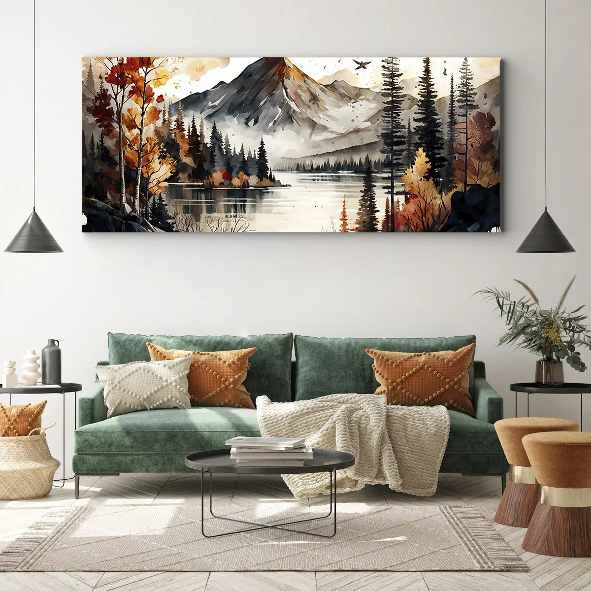 Bild auf Leinwand - Leinwandbild - Herbstliche Berglandschaft mit See und Bäumen in Aquarell - 120x50cm - Goldener Herbst in den Bergen - Moderne Wanddekoration für Wohnzimmer und Schlafzimmer ARTTOR