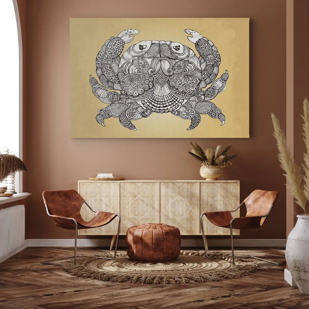 Bild auf Leinwand - Leinwandbild - Dekorative Zeichnung einer Krabbe auf goldenem Hintergrund - 120x80cm - Geschichten von Mr. Krabs - Moderne Wanddekoration für Wohnzimmer und Schlafzimmer ARTTOR
