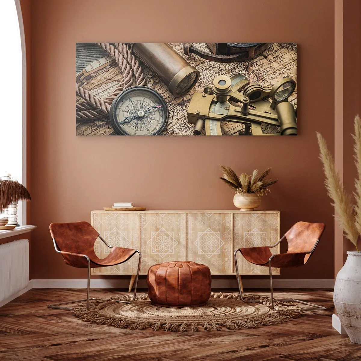 Bild auf Leinwand - Leinwandbild - Ein Kompass, ein Sextant und ein Teleskop vor dem Hintergrund einer alten Karte und eines Seeseils. - 140x50cm - Setze Sie einen Kurs - Moderne Wanddekoration für Wohnzimmer und Schlafzimmer ARTTOR