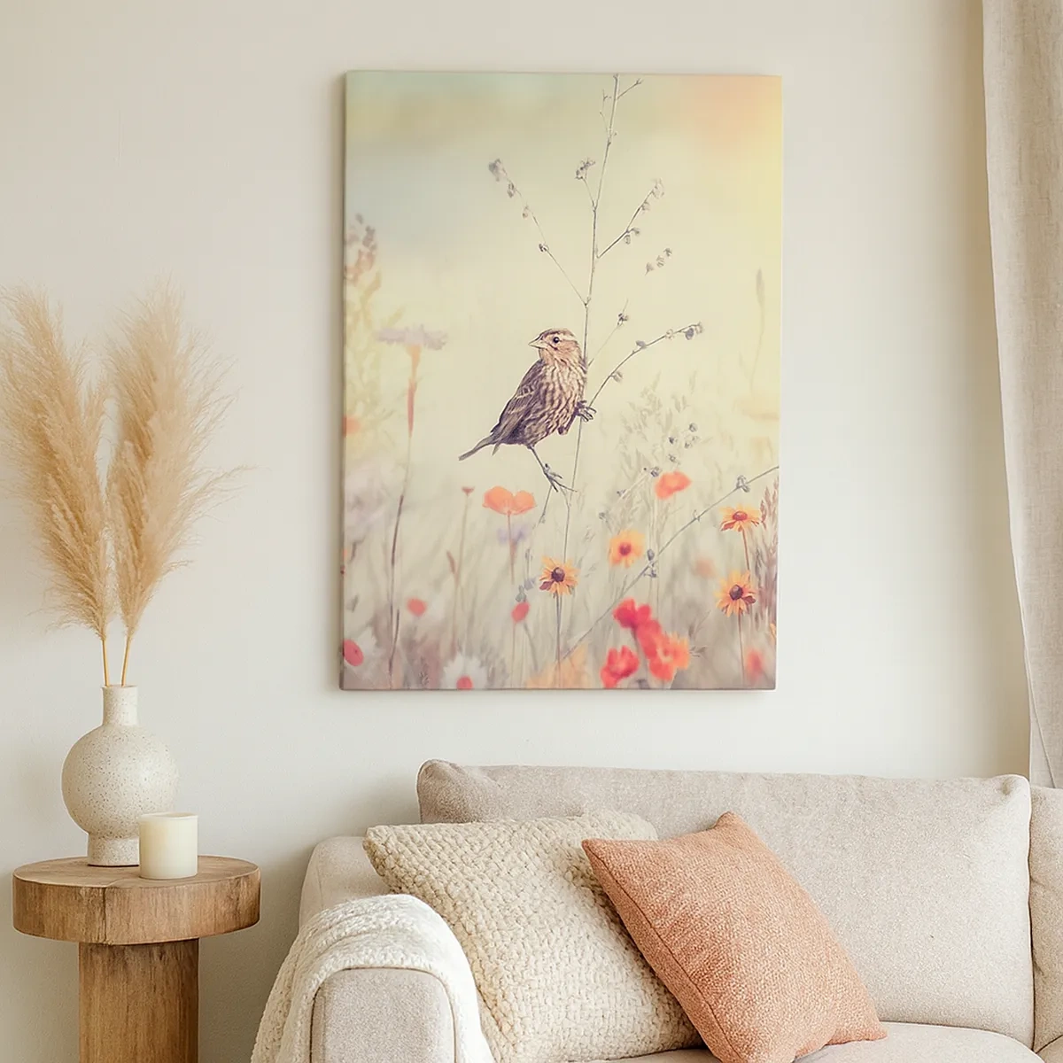Bild auf Leinwand - Leinwandbild - Ein Vogel vor dem Hintergrund einer bunten Wiese in Pastellfarben - 50x70cm - Vogelporträt mit einer Wiese im Hintergrund - Moderne Wanddekoration für Wohnzimmer und Schlafzimmer ARTTOR