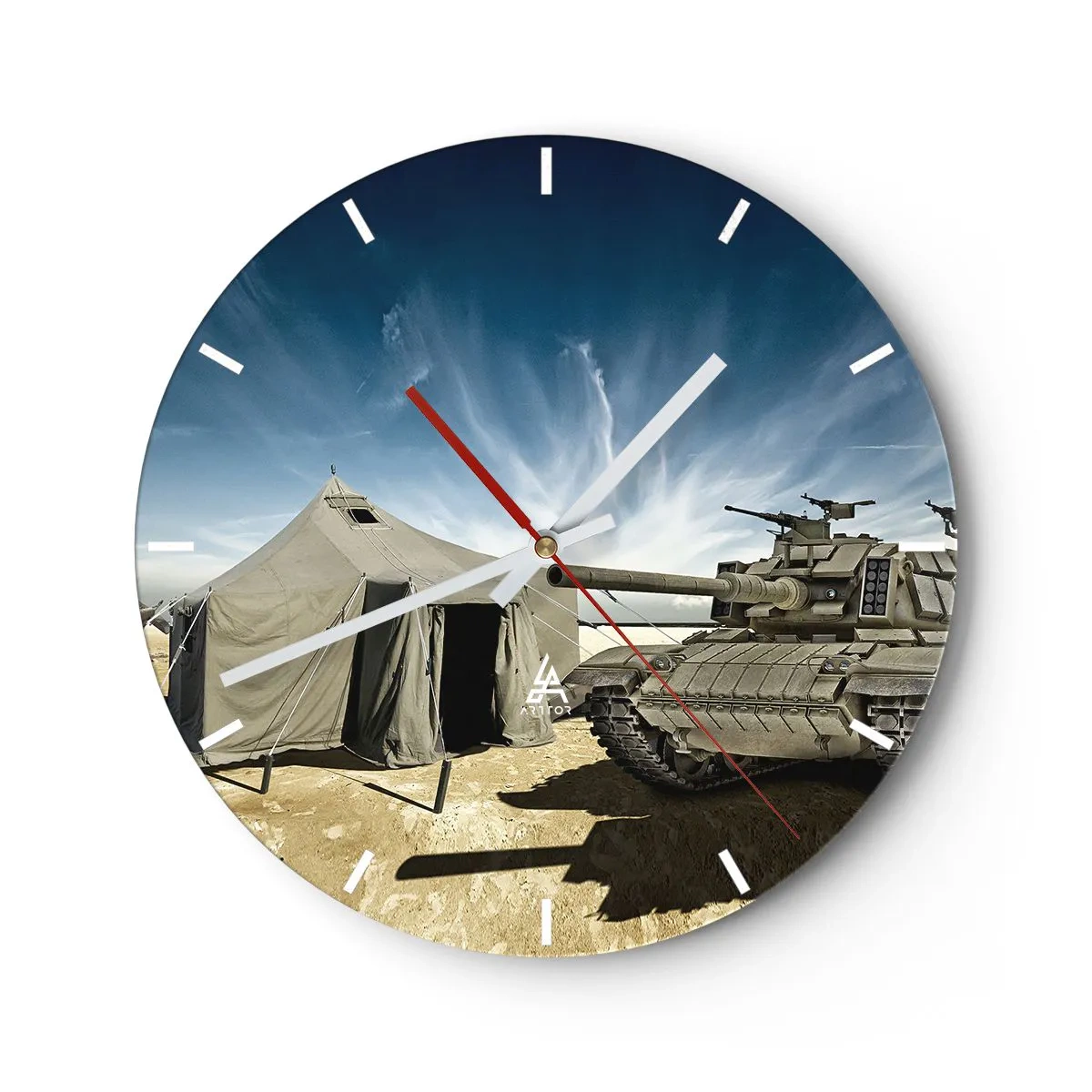 Wanduhr - Glasuhr - Ein Panzer und ein Zelt vor blauem Himmel - 30x30cm - Ein militärischer Traum - Moderne Wanddekoration für Wohnzimmer, Küche und Schlafzimmer ARTTOR
