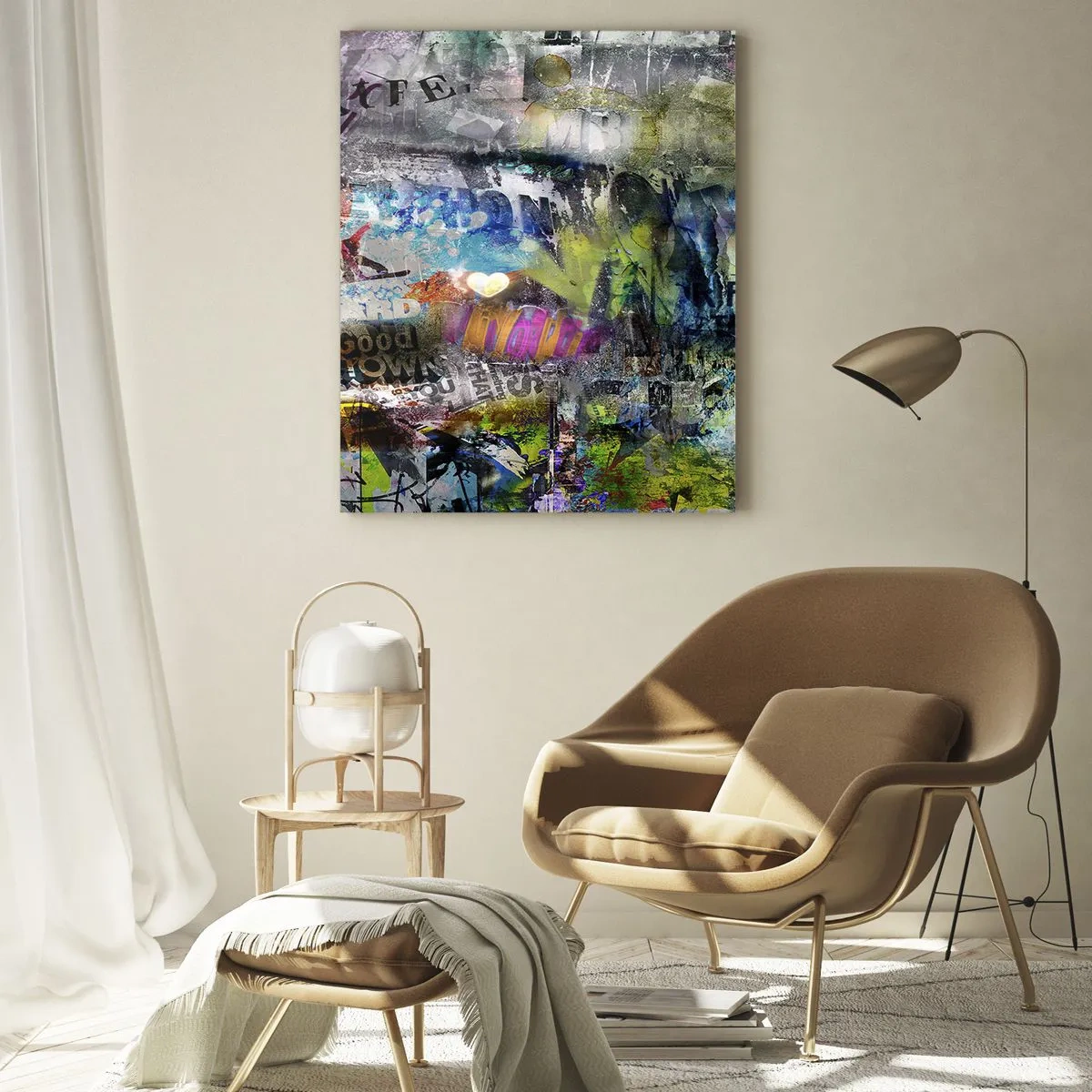 Glasbild - Bild auf glas - Abstrakte Collage mit Text und verschiedenen Farben - 70x100cm - Collage aus Erinnerungen - Moderne Wanddekoration für Wohnzimmer und Schlafzimmer ARTTOR