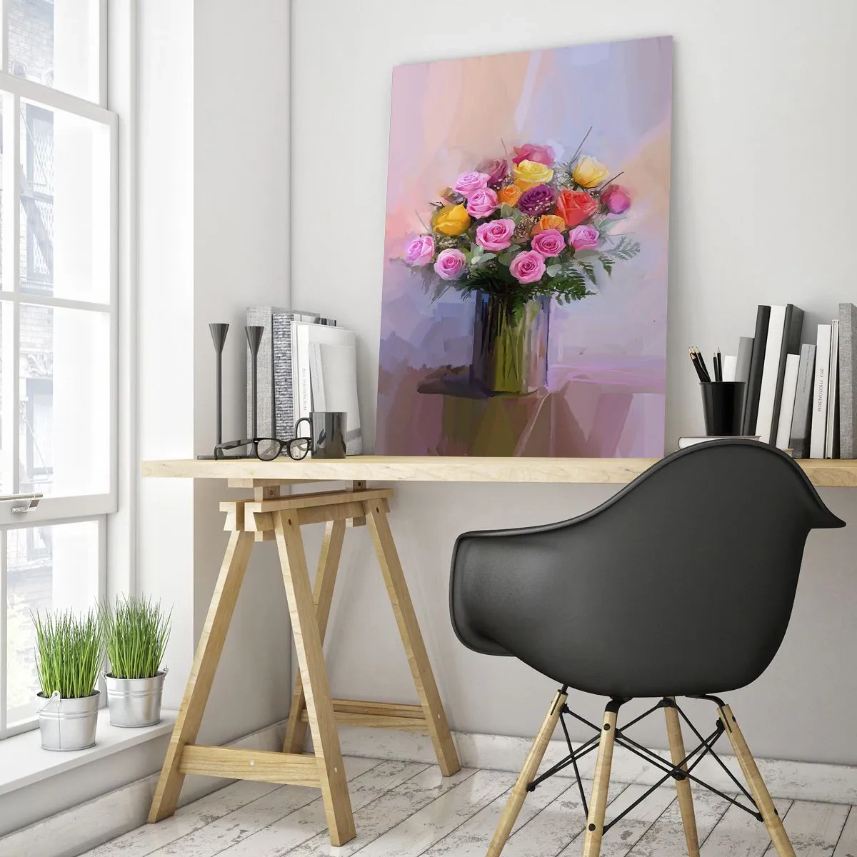 Glasbild - Bild auf glas - Ein Strauß Rosen in einer Glasvase auf pastellfarbenem Hintergrund - 50x70cm - Festgehaltene Schönheit - Moderne Wanddekoration für Wohnzimmer und Schlafzimmer ARTTOR
