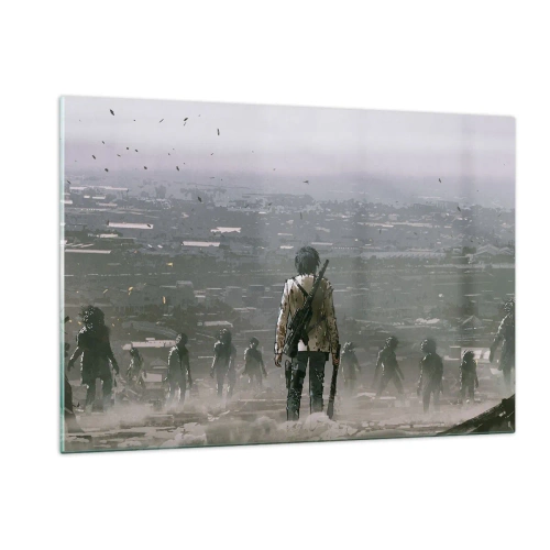 Glasbild - Bild auf glas - Eine Figur mit einem Gewehr in der dunklen Szenerie einer sich nähernden Gruppe - 120x80cm - Letzter Gerechter? - Moderne Wanddekoration für Wohnzimmer und Schlafzimmer ARTTOR