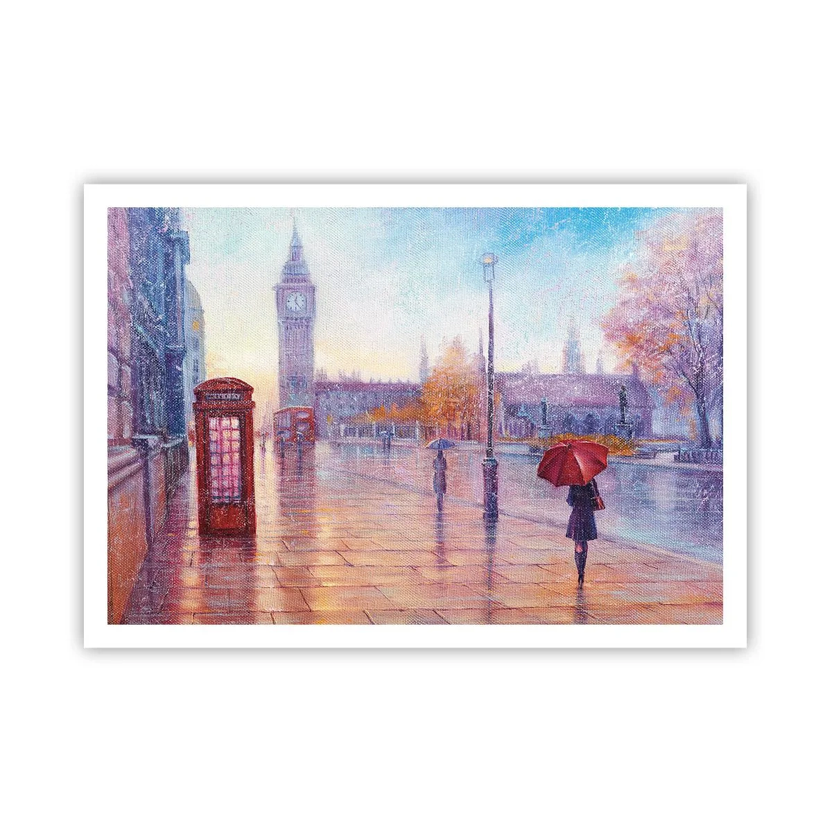 Poster - Londoner Straße mit Big Ben an einem regnerischen Tag - 100x70cm - Londoner Herbsttag - Moderne Wanddekoration für Wohnzimmer und Schlafzimmer ARTTOR