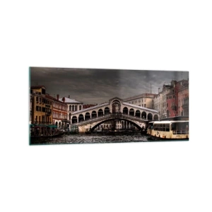 Glasbild - Bild auf glas - Rialtobrücke in Venedig über den Canal Grande, klassische Architektur. - 120x50cm - Das Versprechen eines venezianischen Abends - Moderne Wanddekoration für Wohnzimmer und Schlafzimmer ARTTOR