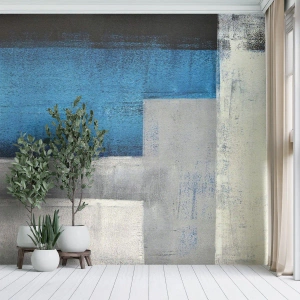 Fototapete Premium Sand - Eine abstrakte Komposition aus Rechtecken in Blau und Grau. - 100x70cm - Poetische Komposition aus Grau und Blau - Moderne Wanddekoration für Wohnzimmer und Schlafzimmer ARTTOR