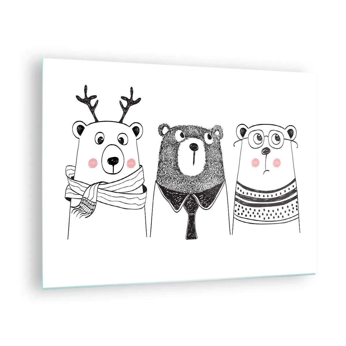 Glasbild - Bild auf glas - Drei lustige Bären in einer Schwarz-Weiß-Illustration - 70x50cm - Teddybär, Teddybär und Bär - Moderne Wanddekoration für Wohnzimmer und Schlafzimmer ARTTOR