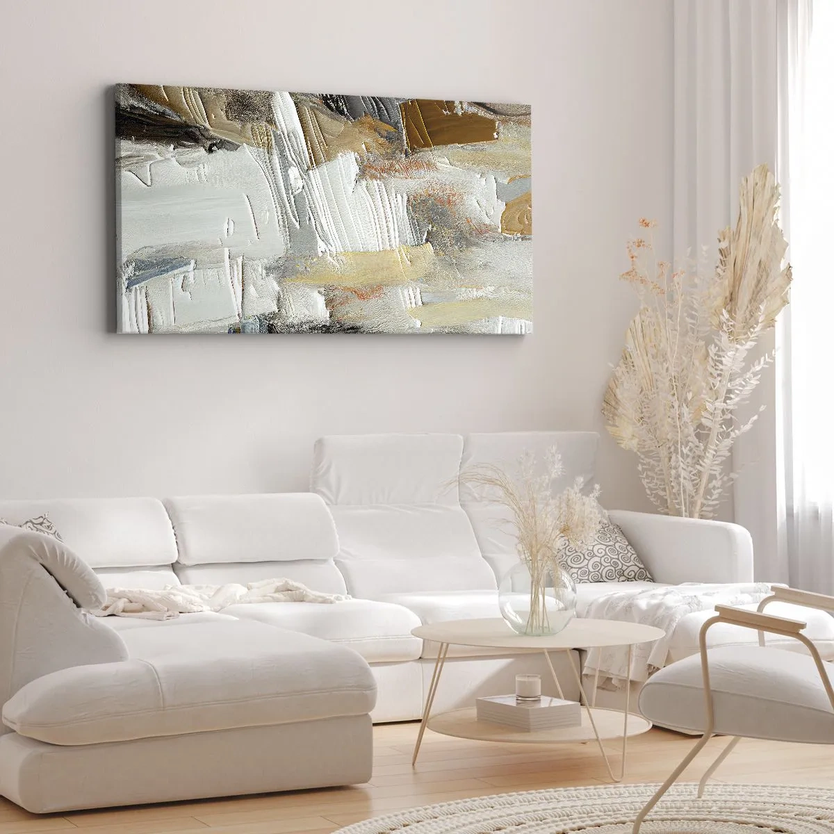 Bild auf Leinwand - Leinwandbild - Texturale Abstraktion in Erdtönen und Weiß - 120x50cm - Bunte Schichten - Moderne Wanddekoration für Wohnzimmer und Schlafzimmer ARTTOR