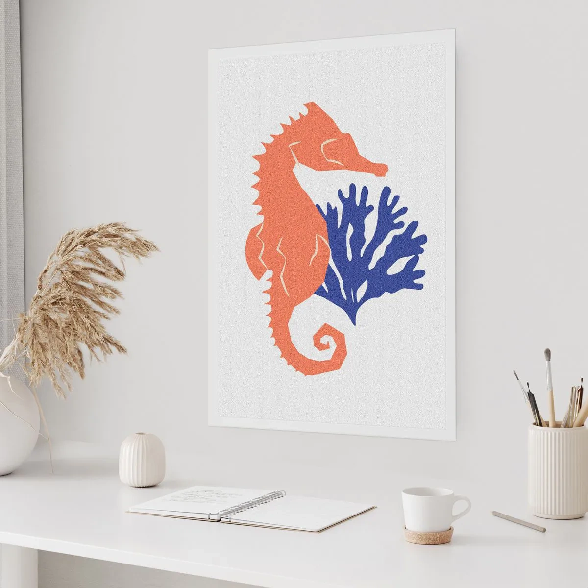 Poster - Minimalistische Seepferdchen- und Korallengrafik - 50x70cm - Auf einer Unterwasserwiese - Moderne Wanddekoration für Wohnzimmer und Schlafzimmer ARTTOR