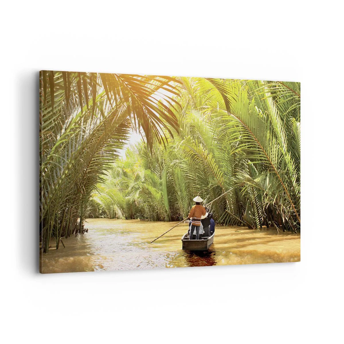 Bild auf Leinwand - Leinwandbild - Ein Boot auf einem Fluss, umgeben von tropischer Vegetation - 120x80cm - Eine Palmenschlucht entlang - Moderne Wanddekoration für Wohnzimmer und Schlafzimmer ARTTOR