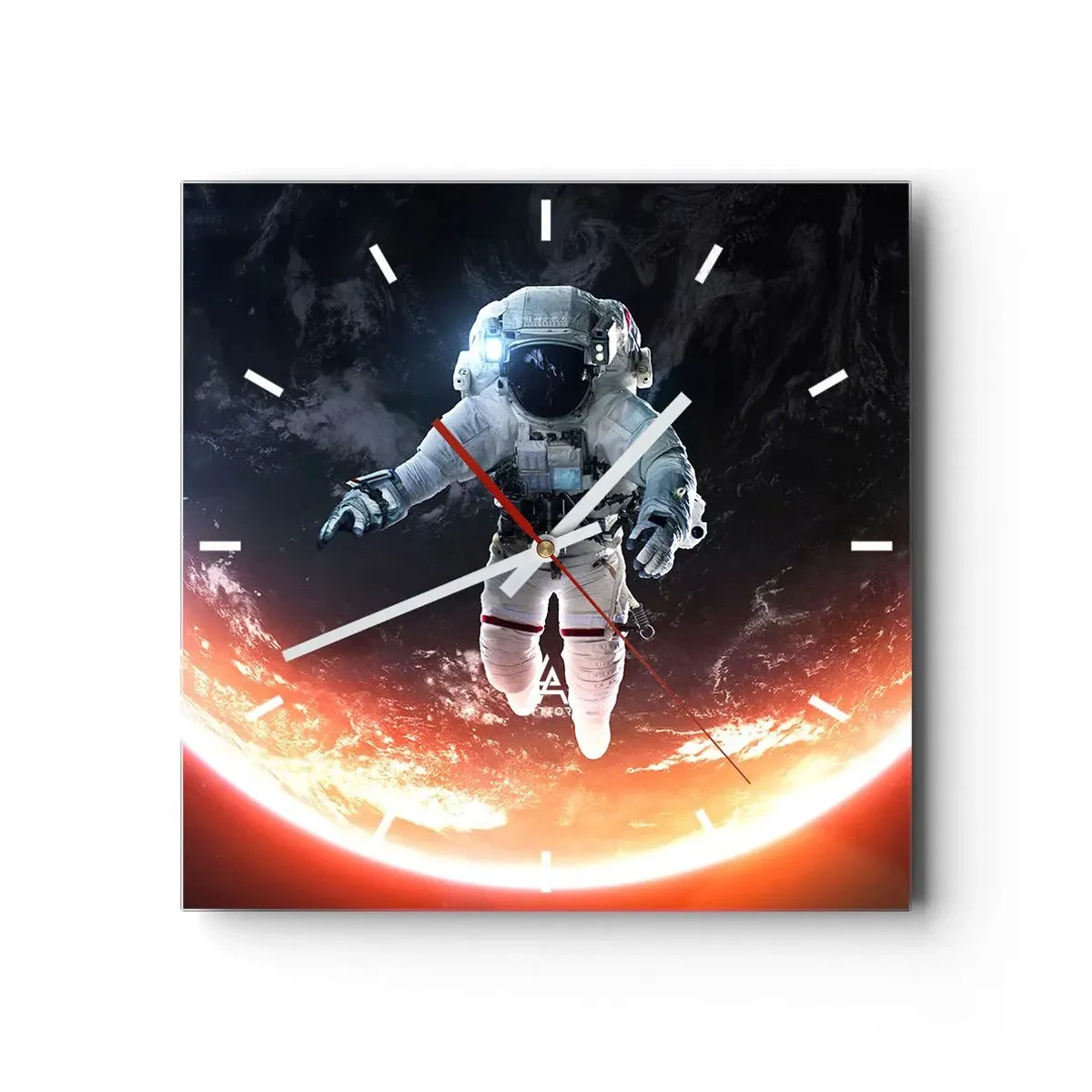 Wanduhr - Glasuhr - Ein Astronaut schwebt über einer sonnenbeschienenen Erde - 30x30cm - Kann ich noch eine Weile bleiben? - Moderne Wanddekoration für Wohnzimmer und Schlafzimmer ARTTOR