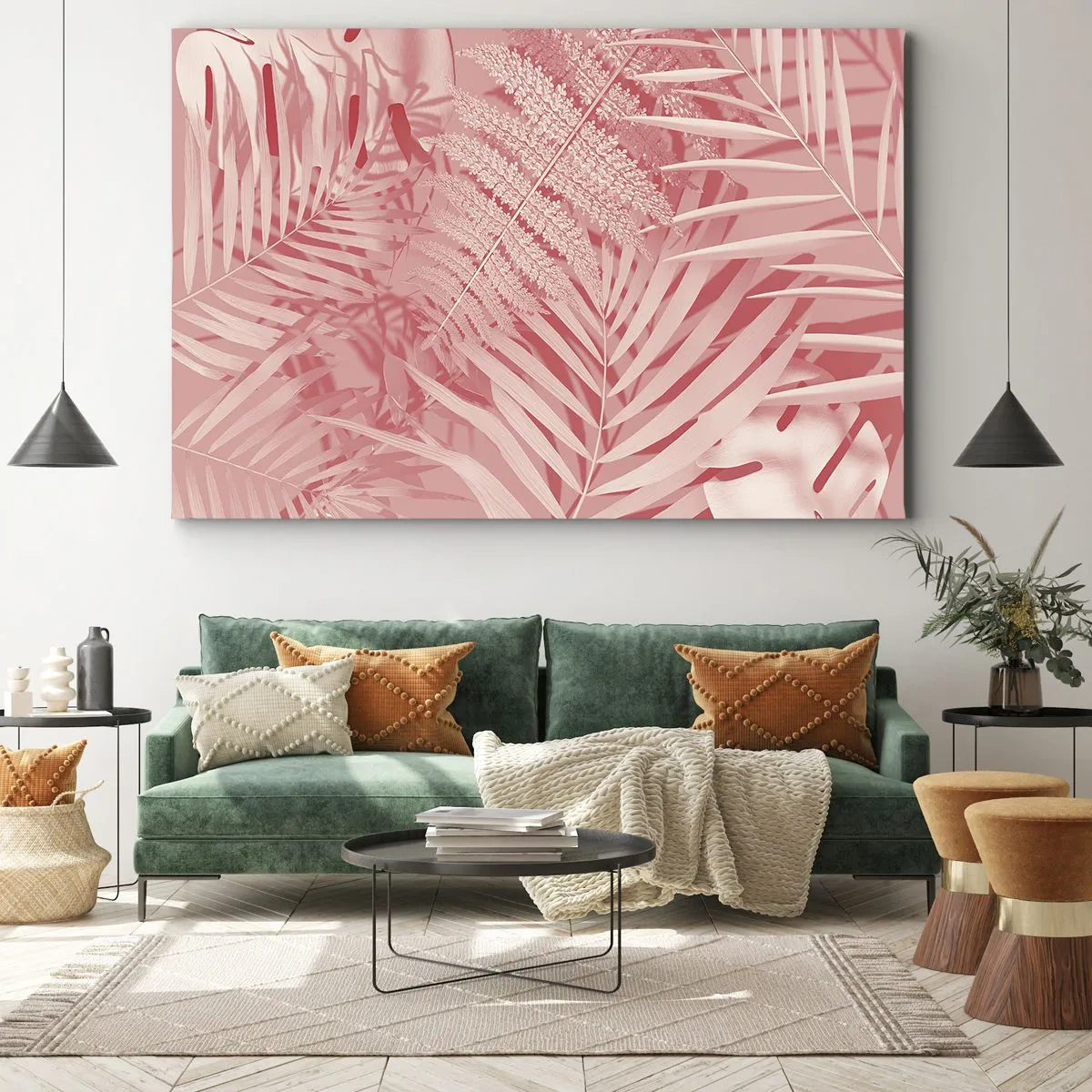 Bild auf Leinwand - Leinwandbild - Rosa tropische Blätter in einem zarten und minimalistischen Stil - 120x80cm - Rosa Konzept - Moderne Wanddekoration für Wohnzimmer und Schlafzimmer ARTTOR