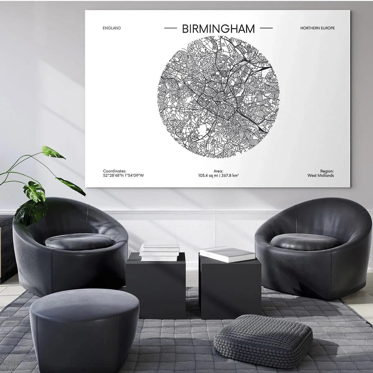 Glasbild - Bild auf glas - Schwarz-weiße Karte von Birmingham im modernen Grafikstil - 100x70cm - Anatomie von Birmingham - Moderne Wanddekoration für Wohnzimmer und Schlafzimmer ARTTOR