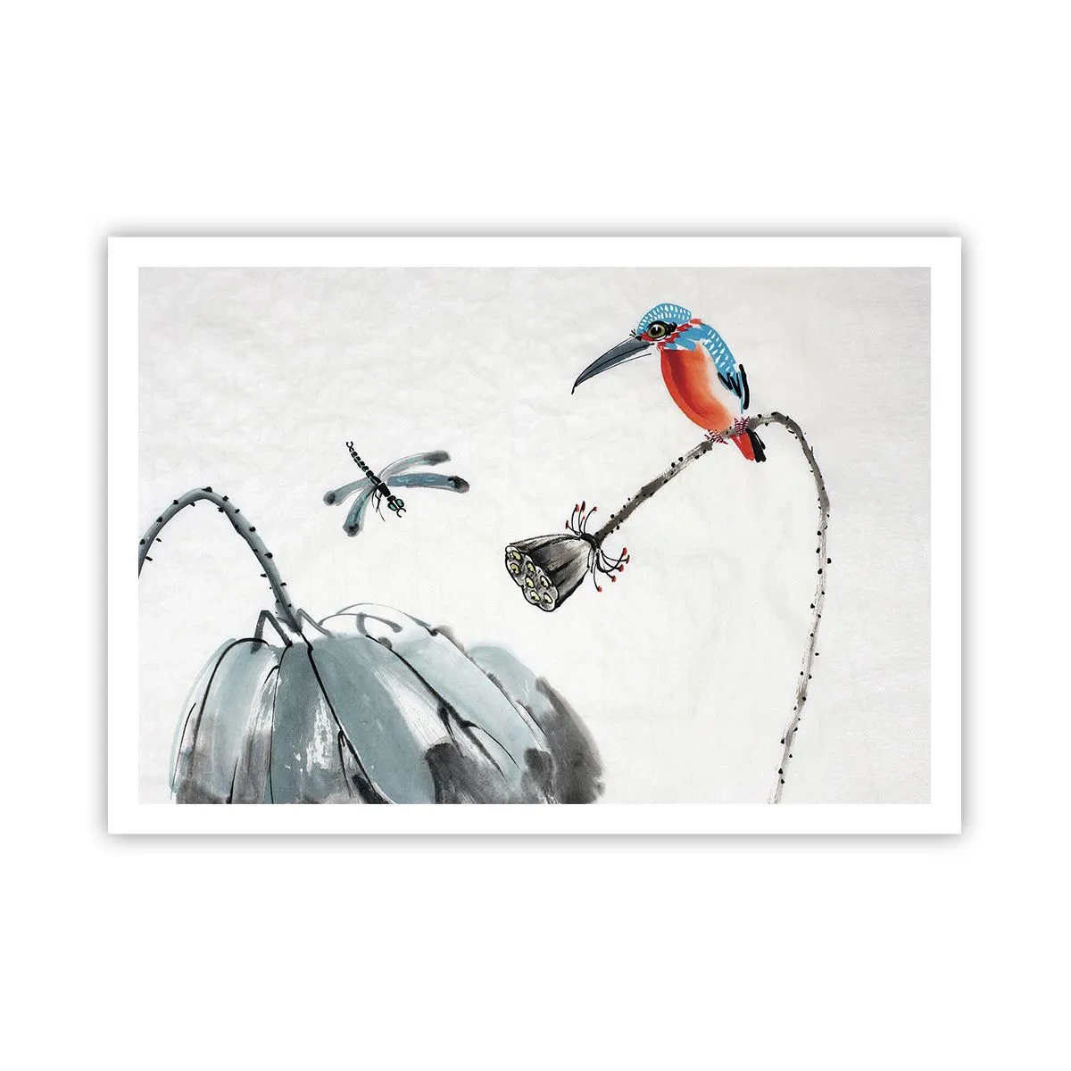 Poster - Ein bunter Vogel vor einem Hintergrund aus Vegetation und einer Libelle - 100x70cm - Das Leben der Wiese - Moderne Wanddekoration für Wohnzimmer und Schlafzimmer ARTTOR