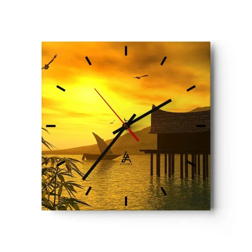 Wanduhr - Glasuhr - Tropischer Sonnenuntergang über dem Wasser mit Holzhaus auf Stelzen. - 30x30cm - Der ersehnte Frieden - Moderne Wanddekoration für Wohnzimmer und Schlafzimmer ARTTOR