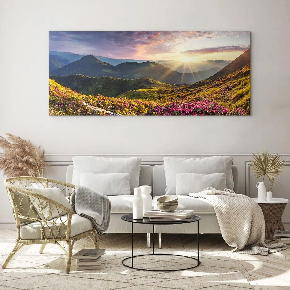 Glasbild - Bild auf glas - Berglandschaft mit blühenden Rhododendren - 140x50cm - Frische am Bergmorgen - Moderne Wanddekoration für Wohnzimmer und Schlafzimmer ARTTOR