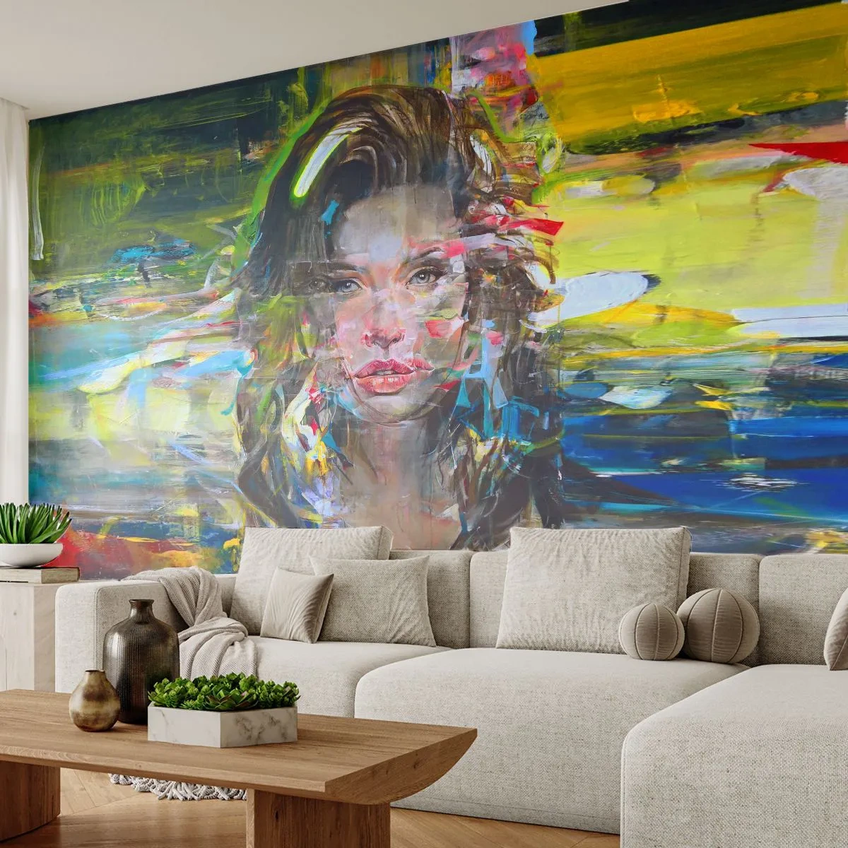 Selbstklebende Fototapete Deluxe Sticker - Hinter der Luft ein Vorhang - Porträt einer Frau, Gesicht, Abstraktion - 150x105 cm