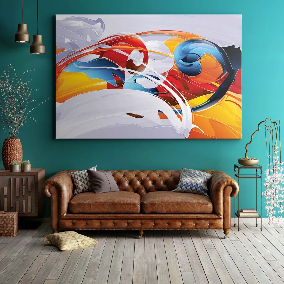 Bild auf Leinwand - Leinwandbild - Bunte Abstraktion mit dynamischen Linien und lebendigen Farben - 120x80cm - Der Tanz der Elemente - Moderne Wanddekoration für Wohnzimmer und Schlafzimmer ARTTOR