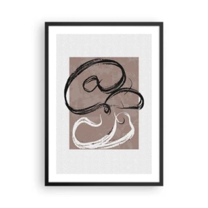 Poster in einem schwarzem Rahmen - Abstrakte Komposition mit dynamischen Pinselstrichen in Schwarzweiß auf braunem Hintergrund. - 50x70cm - Komposition – die Suche nach Fülle - Moderne Wanddekoration für Wohnzimmer und Schlafzimmer ARTTOR