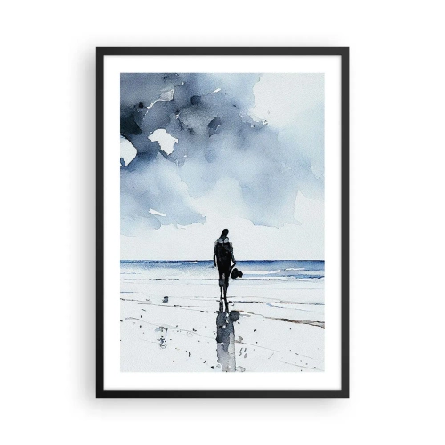Poster in einem schwarzem Rahmen - Aquarelllandschaft mit einer Figur am Strand - 50x70cm - Gespräch mit dem Meer - Moderne Wanddekoration für Wohnzimmer und Schlafzimmer ARTTOR