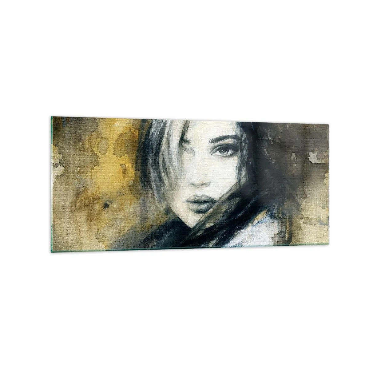Glasbild - Bild auf glas - Porträt einer Frau vor einem Hintergrund aus abstrakten Flecken in Beigetönen - 120x50cm - unschuldiger oder sinnlicher? - Moderne Wanddekoration für Wohnzimmer und Schlafzimmer ARTTOR