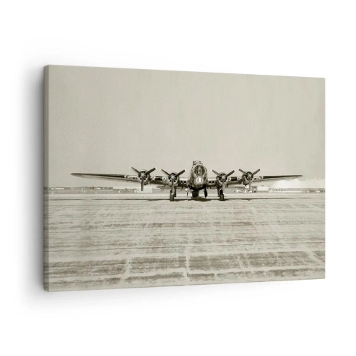 Bild auf Leinwand - Leinwandbild - Historisches Flugzeug auf dem Flughafen in Sepia - 70x50cm - Wie immer bereit - Moderne Wanddekoration für Wohnzimmer und Schlafzimmer ARTTOR
