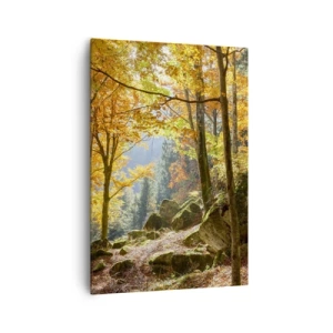 Bild auf Leinwand - Leinwandbild - Ein Herbstwald voller goldener Blätter und Sonnenlicht - 70x100cm - Zeit zum Entspannen - Moderne Wanddekoration für Wohnzimmer und Schlafzimmer ARTTOR