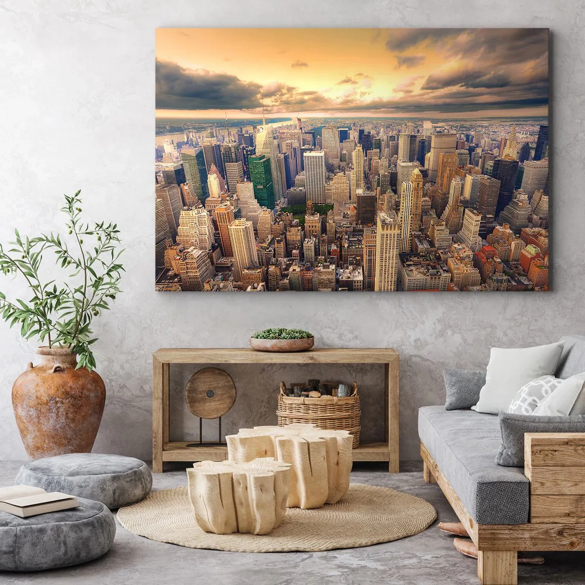Bild auf Leinwand - Leinwandbild - Stadtpanorama mit Blick auf Wolkenkratzer bei Sonnenuntergang - 70x50cm - Vergoldete Metropole - Moderne Wanddekoration für Wohnzimmer und Schlafzimmer ARTTOR