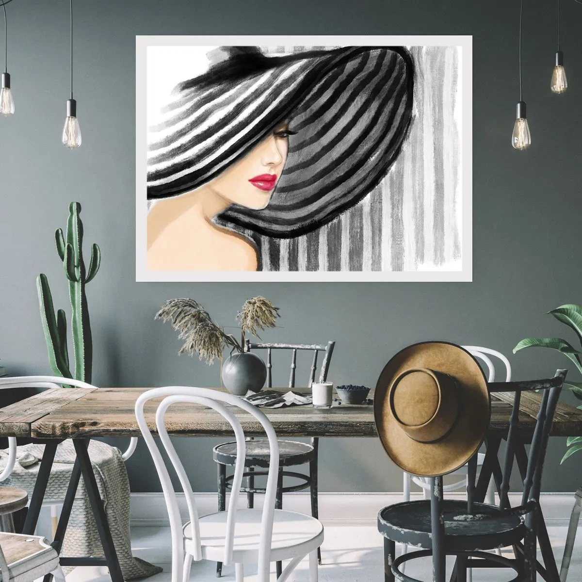 Poster - Frau trägt einen schwarz-weißen Hut mit rotem Akzent - 100x70cm - Wo soll ich dich finden? - Moderne Wanddekoration für Wohnzimmer und Schlafzimmer ARTTOR