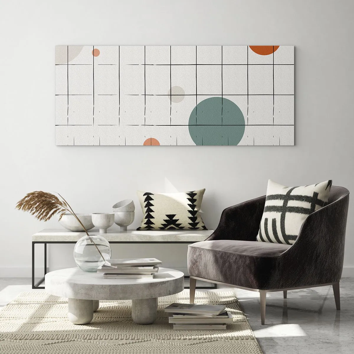 Glasbild - Bild auf glas - Abstrakte farbige Kreise auf einem geometrischen Gitterhintergrund - 160x50cm - Gefangen. Wir oder sie? - Moderne Wanddekoration für Wohnzimmer und Schlafzimmer ARTTOR