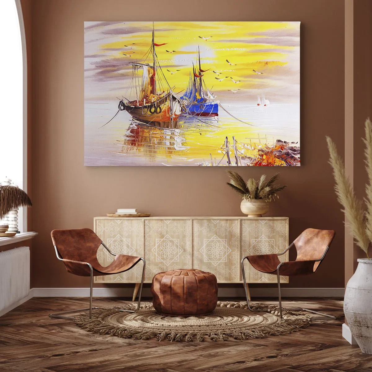 Bild auf Leinwand - Leinwandbild - Eine malerische Szene von Booten auf ruhiger See - 70x50cm - Eine wohlverdiente Pause im Hafen - Moderne Wanddekoration für Wohnzimmer und Schlafzimmer ARTTOR