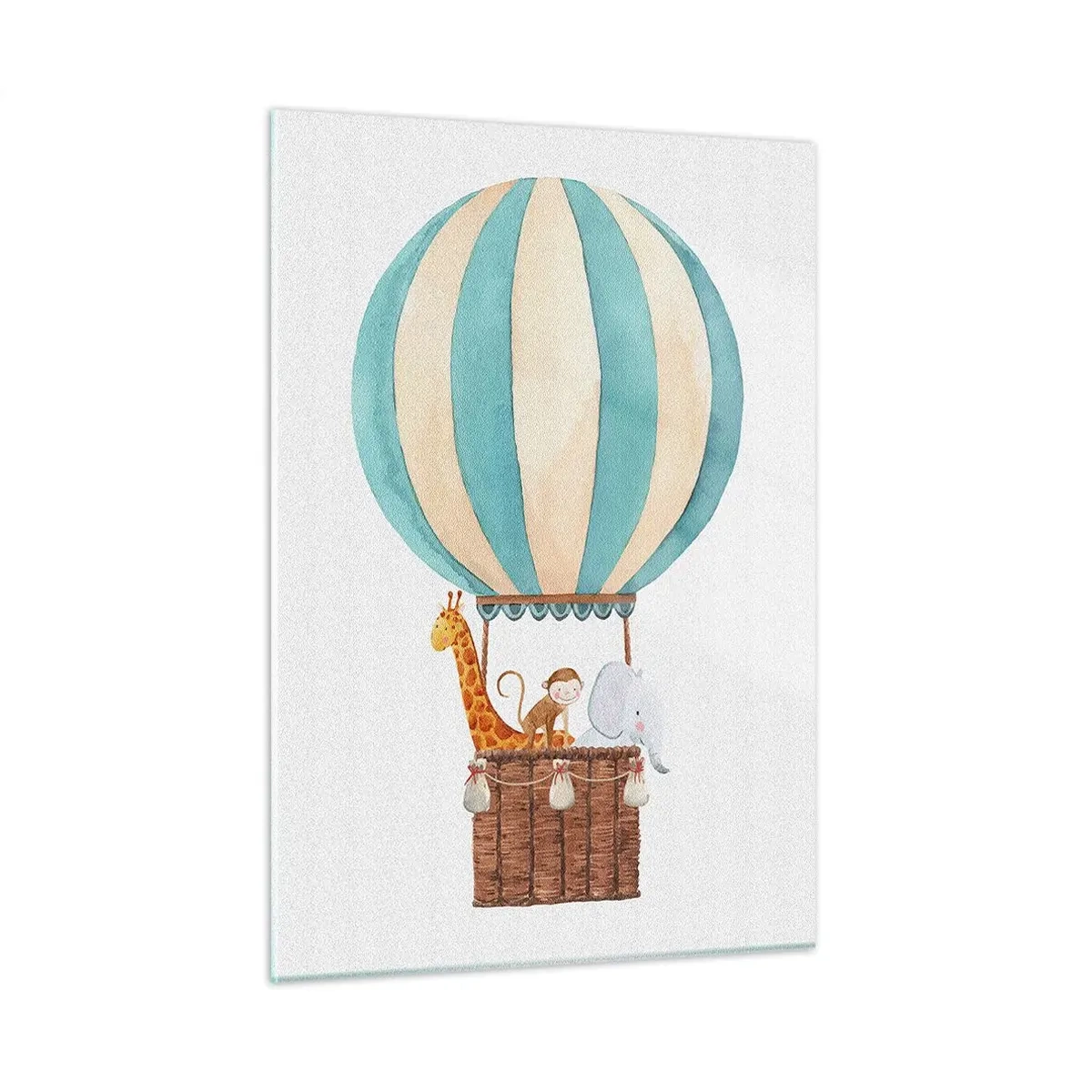Glasbild - Bild auf glas - Ein Ballon mit einer Giraffe, einem Affen und einem Elefanten auf weißem Hintergrund - 50x70cm - Fantastische Reise - Moderne Wanddekoration für Wohnzimmer und Schlafzimmer ARTTOR