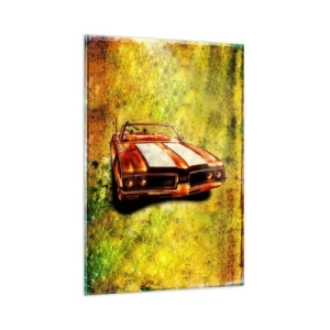 Glasbild - Bild auf glas - Ein sportliches Retro-Cabrio in Goldtönen vor Vintage-Hintergrund - 80x120cm - In Formen verzauberte Kraft - Moderne Wanddekoration für Wohnzimmer und Schlafzimmer ARTTOR
