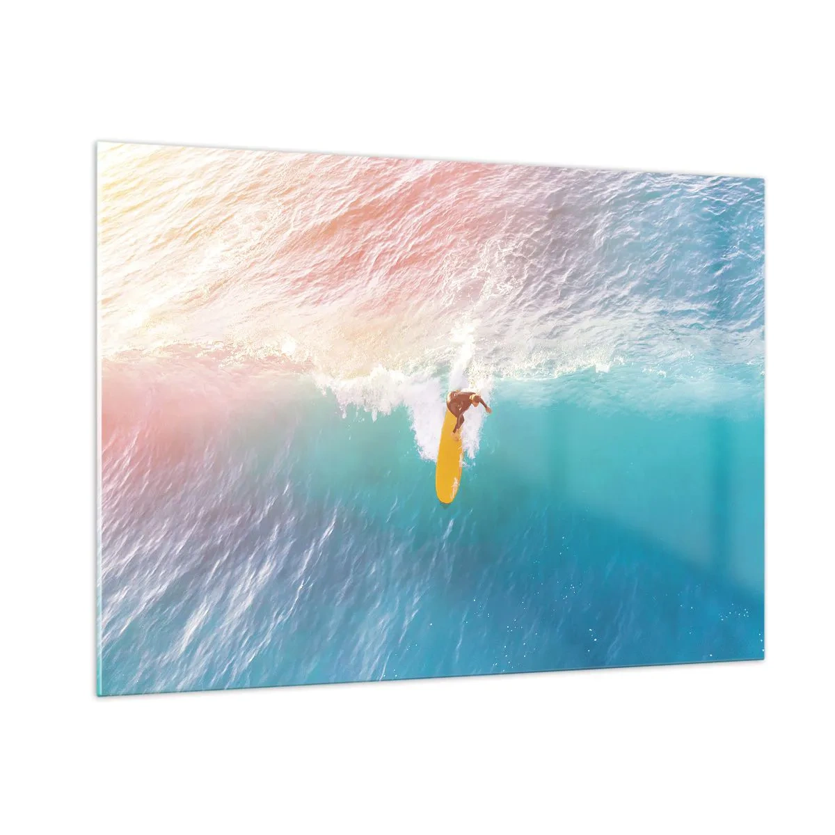 Glasbild - Bild auf glas - Surfer reitet auf einer Welle im türkisfarbenen Ozean - 100x70cm - Der Ozeanreiter - Moderne Wanddekoration für Wohnzimmer und Schlafzimmer ARTTOR