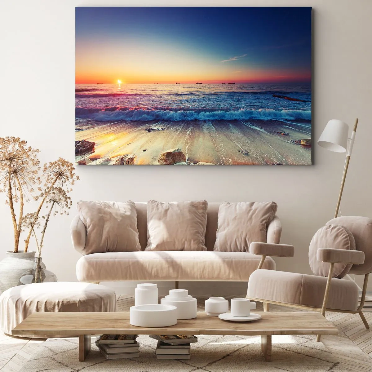 Bild auf Leinwand - Leinwandbild - Sonnenuntergang über einem ruhigen Meer mit Wellen - 120x80cm - Was ist mit dem Horizont? - Moderne Wanddekoration für Wohnzimmer und Schlafzimmer ARTTOR