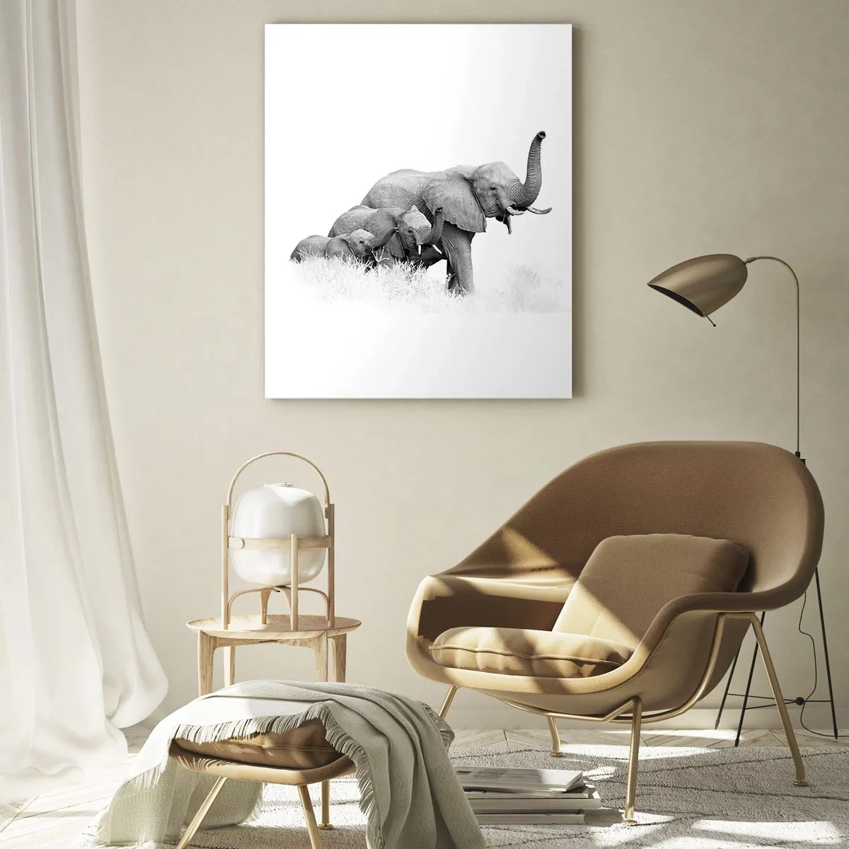Glasbild - Bild auf glas - Schwarz-weiße Elefantenfamilie in der Natur - 50x70cm - Eins zwei drei - Moderne Wanddekoration für Wohnzimmer und Schlafzimmer ARTTOR