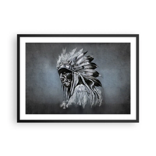 Poster in einem schwarzem Rahmen - Porträt eines Indianerhäuptlings mit traditioneller Kopfbedeckung - 70x50cm - Zurück zu den Wurzeln - Moderne Wanddekoration für Wohnzimmer und Schlafzimmer ARTTOR