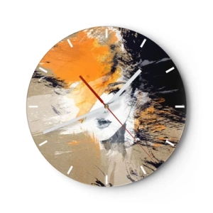 Wanduhr - Glasuhr - Abstraktes Frauenporträt in warmen Orange- und Beigetönen. - 30x30cm - Und es ist Licht - Moderne Wanddekoration für Wohnzimmer, Küche und Schlafzimmer ARTTOR