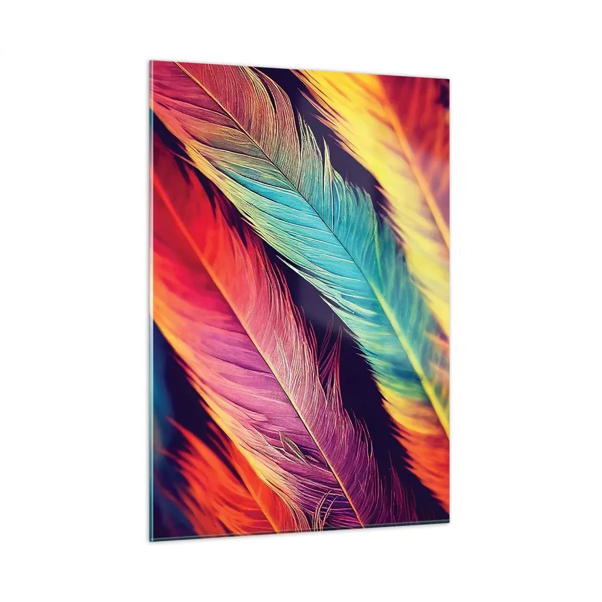 Glasbild - Bild auf glas - Bunte Federn in intensiven Regenbogentönen - 50x70cm - Gefiederter Regenbogen - Moderne Wanddekoration für Wohnzimmer und Schlafzimmer ARTTOR