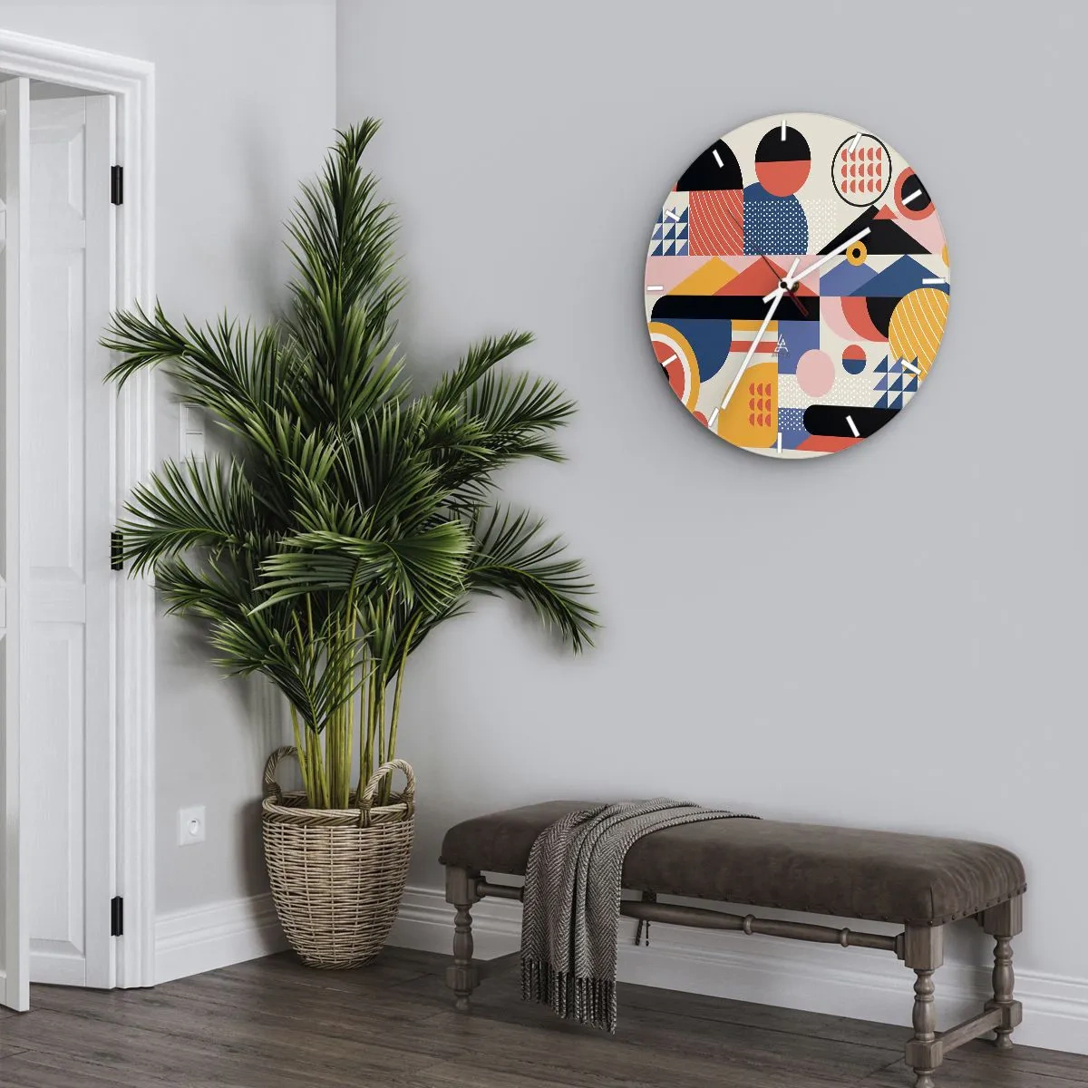 Wanduhr - Glasuhr - Bunte geometrische Abstraktion im Retro-Stil - 30x30cm - Komposition: Na, los, spiel! - Moderne Wanddekoration für Wohnzimmer, Küche und Schlafzimmer ARTTOR